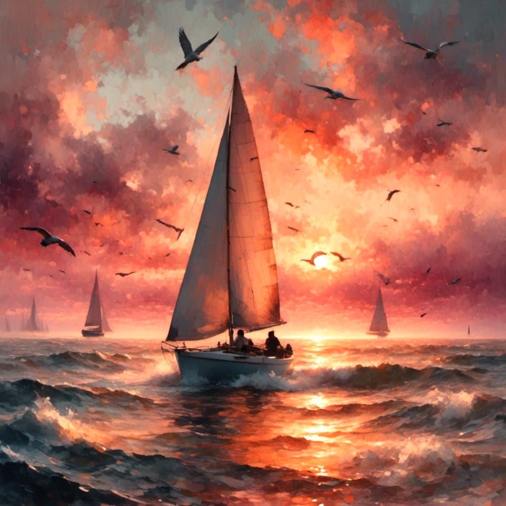 Sailboat navigating towering waves under dramatic storm clouds, with sunlight piercing through, creating ...  by @Joseph