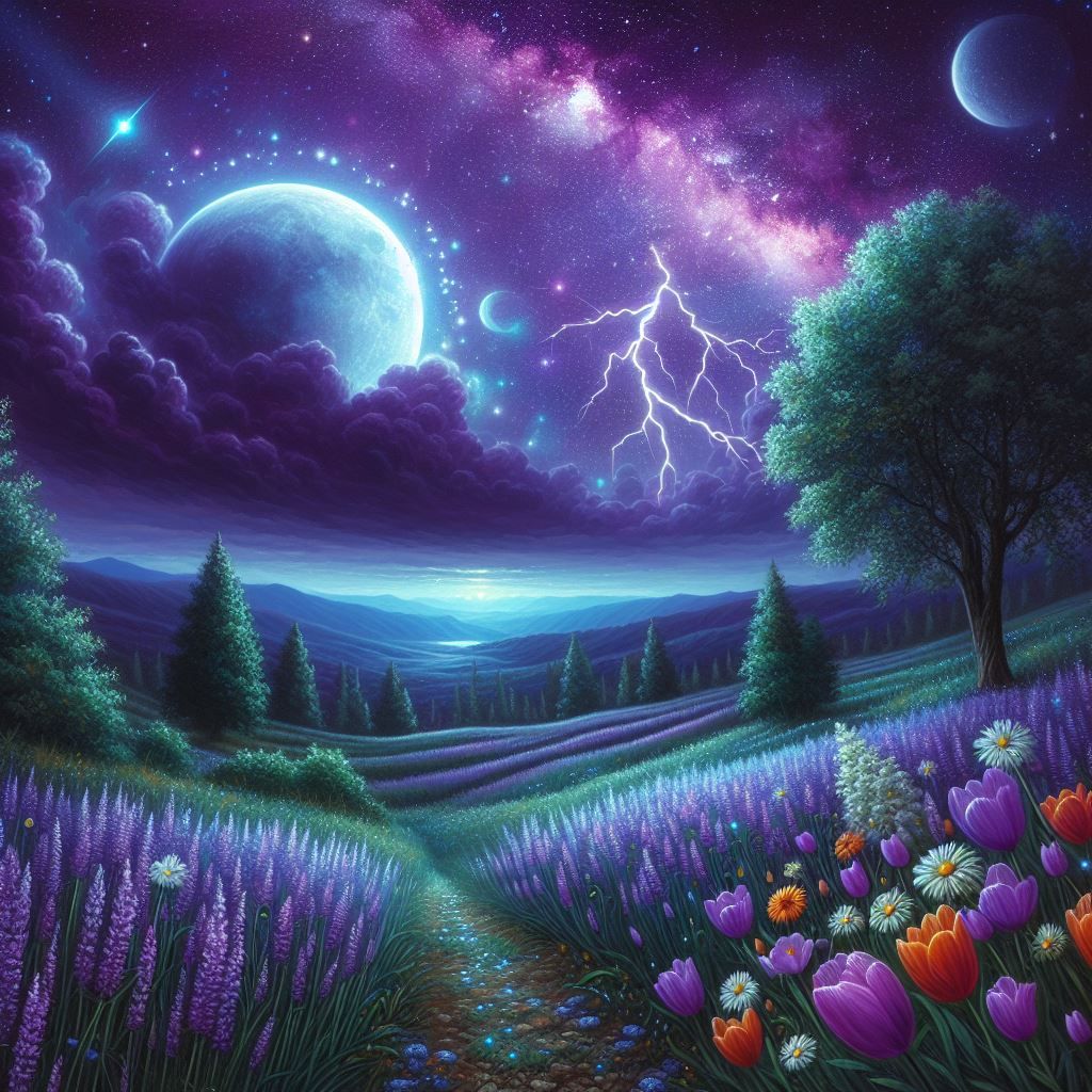 Stormy Purple Sky Over Rolling Fields of Lavender