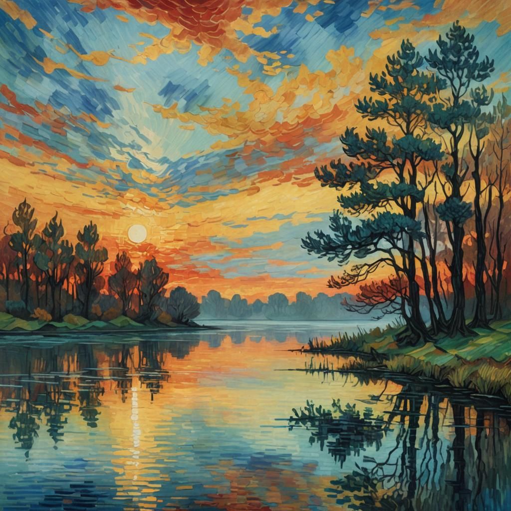 Serene sunset over calm mist covered lake, Reflective water ...