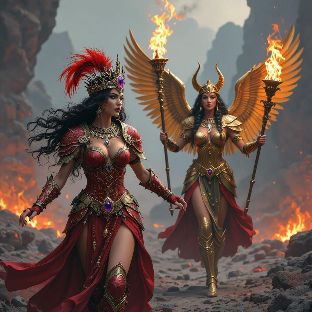 Lady Darkness in red armor runs away from winged Lady Nefertariel Juricha who is wearing goden armor. Lady Darkness wears an ornate crown of...