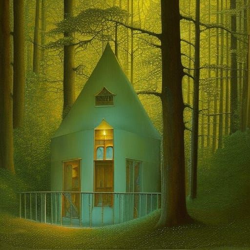 A little lit Hut in the deep dark Forest by Daniel Merriam