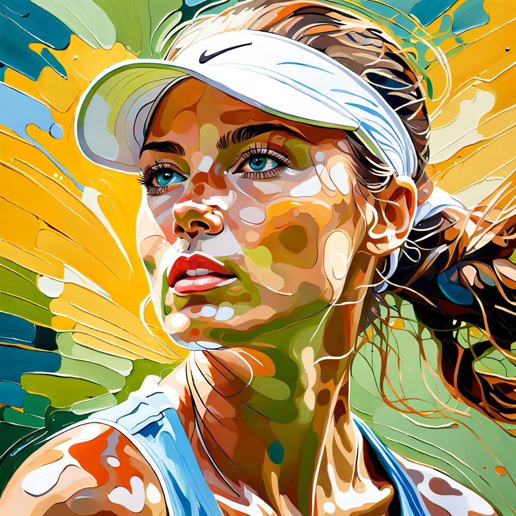 Impasto painting of a female tennis player. Grass court, sun...
