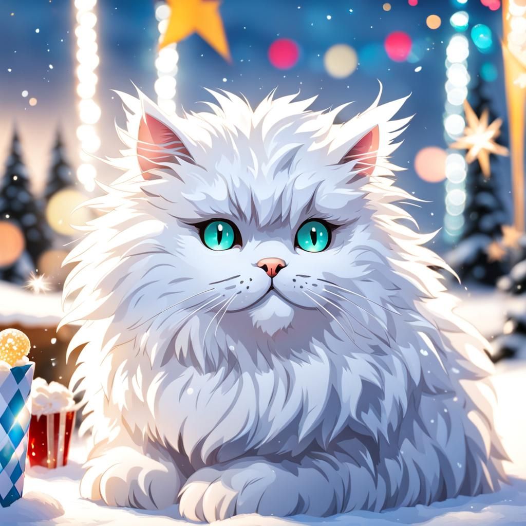 a fluffy snowy cat at a party  by @AlphaShadow