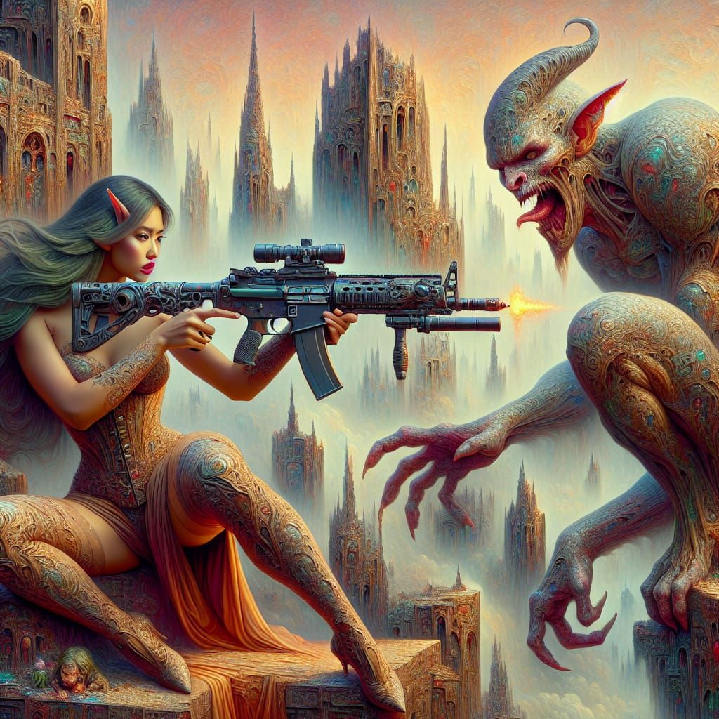 Eastern-Elf Woman Shoots Gargoyle