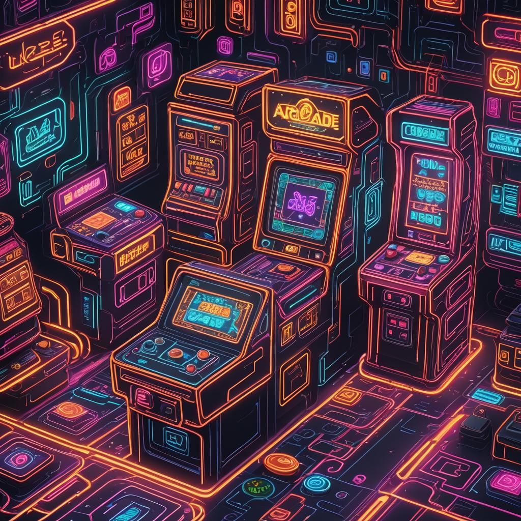 Neon line drawing computer chip arcade machines neon