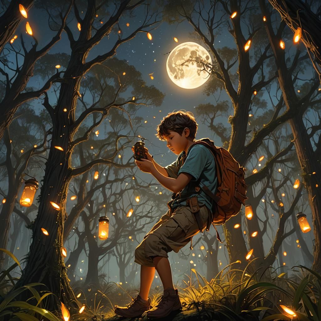 Masses of Fireflies flying through the air, little boy captu...