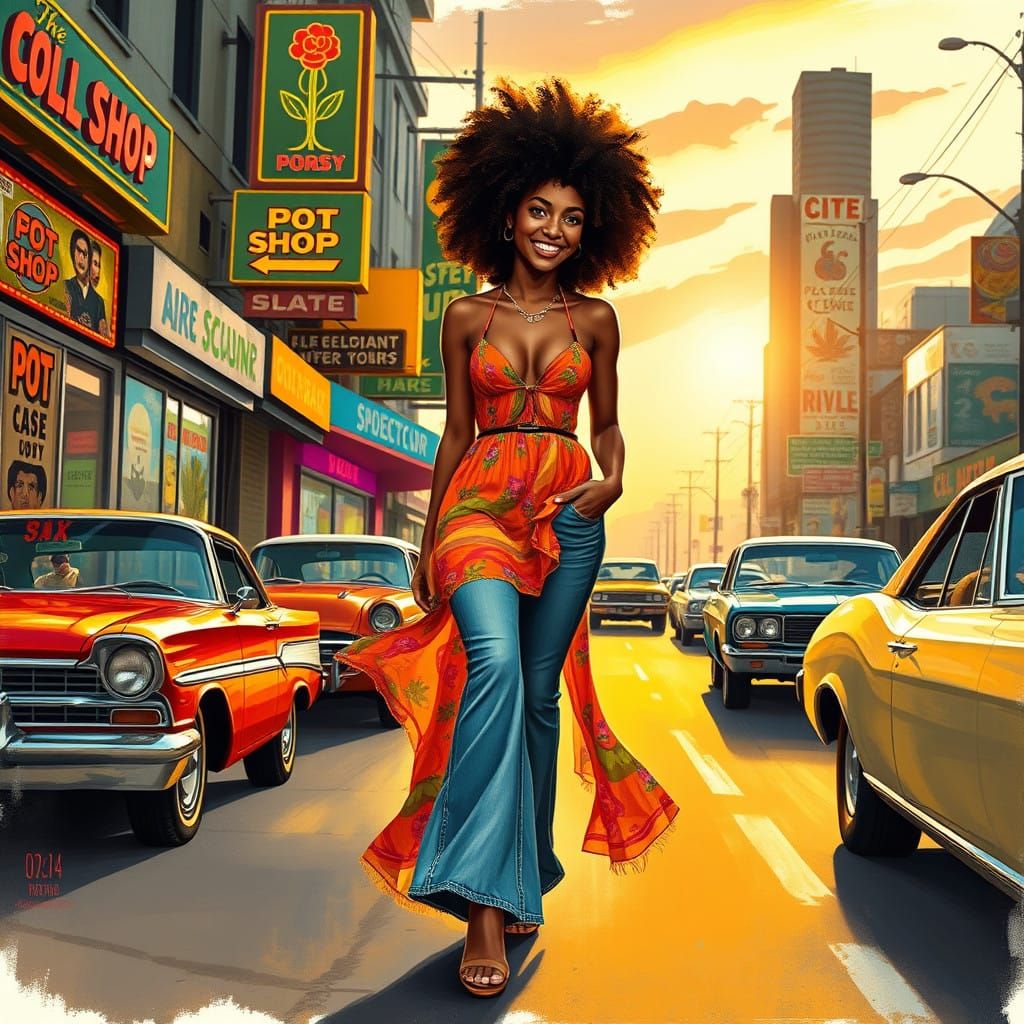 A 1970s vibe looking for some pot in the city detailed painting airbrush art Leonid Afremov  by @Patrick Gillen