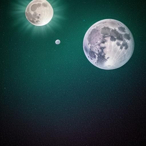 A gigantic full bioluminescent full moon and its planets hover over an ethereal brilliance of Waves that shimmer with hues of neon blue, eme...