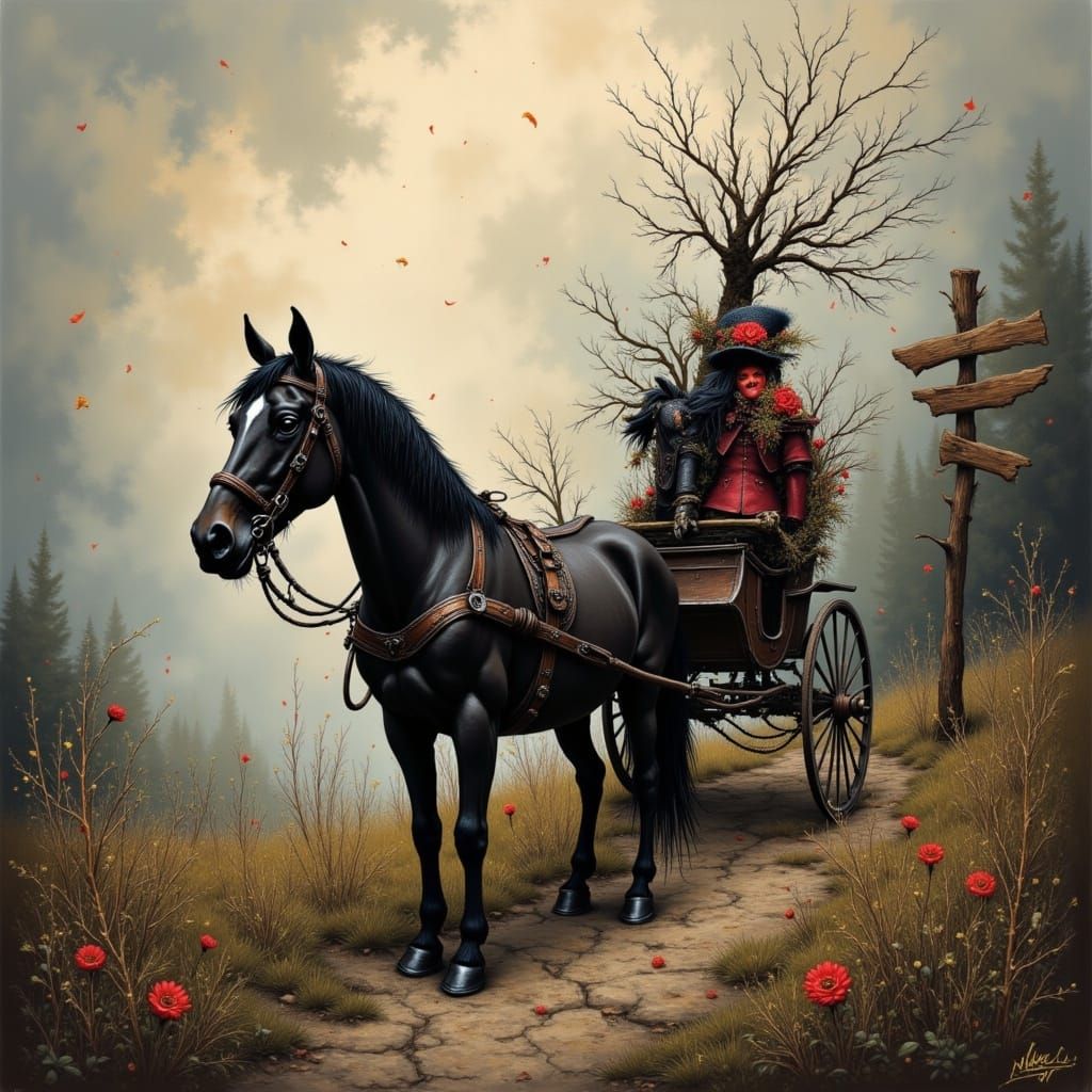 <lora:SPARKLE SPLAT POINT:1.0> baroque, whimsical and surreal style, {edwardian}, countryside with horse and buggy, dark aesthetic, abstract...