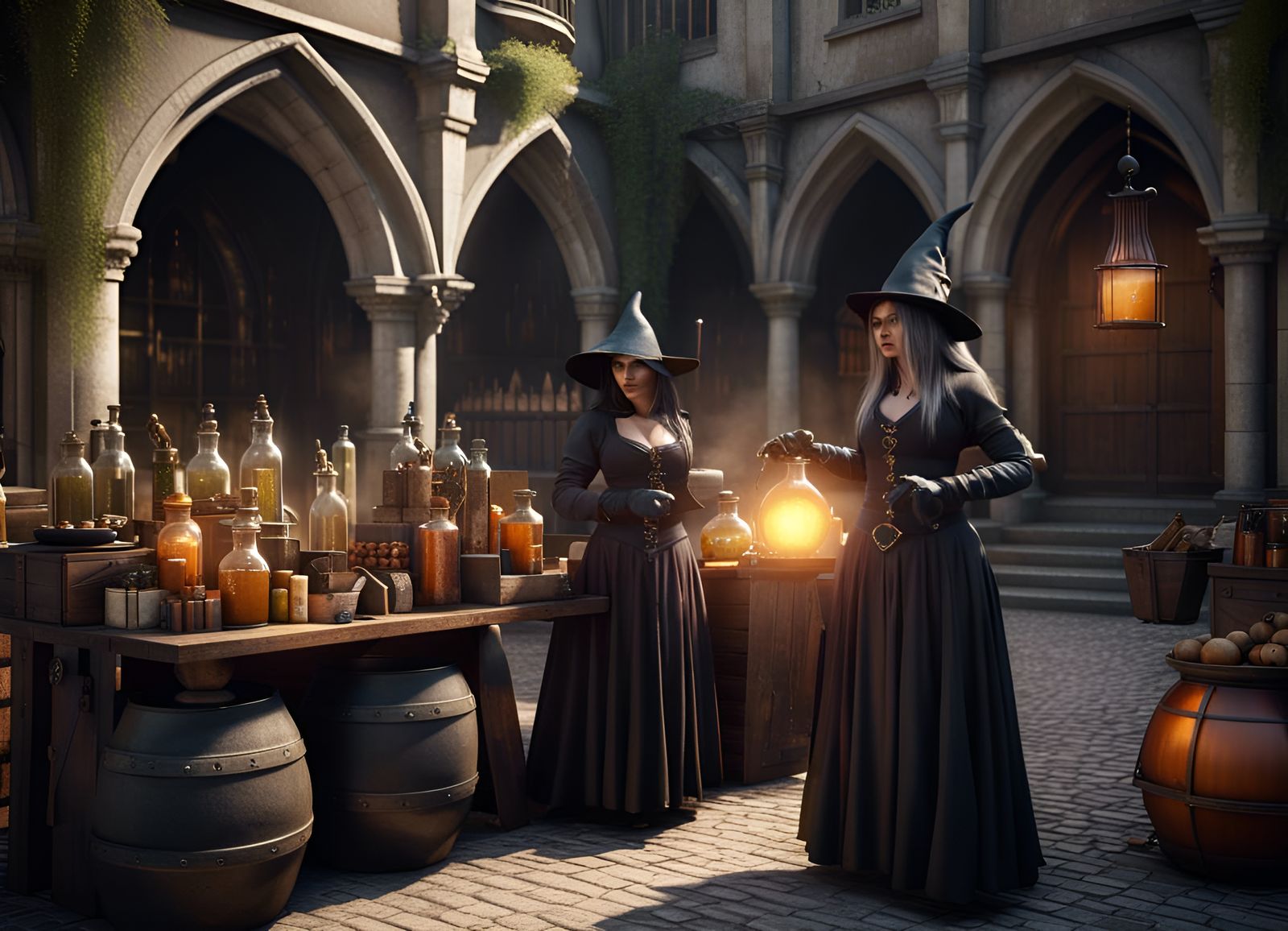 steampunk medieval witches and warlocks market selling potions and ...