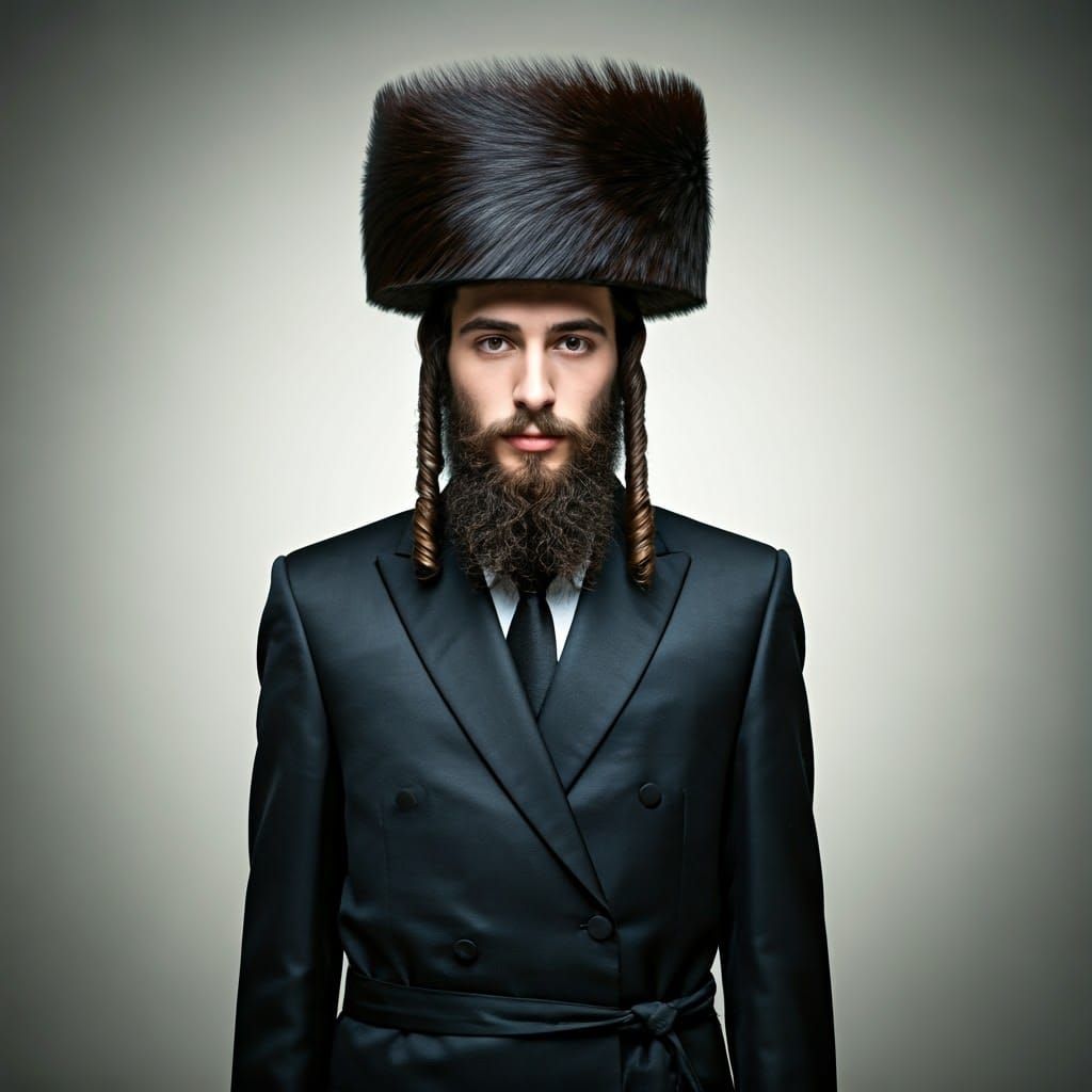 Elegant Hasidic Figure Displays Luxurious Shtreimel in Moder...