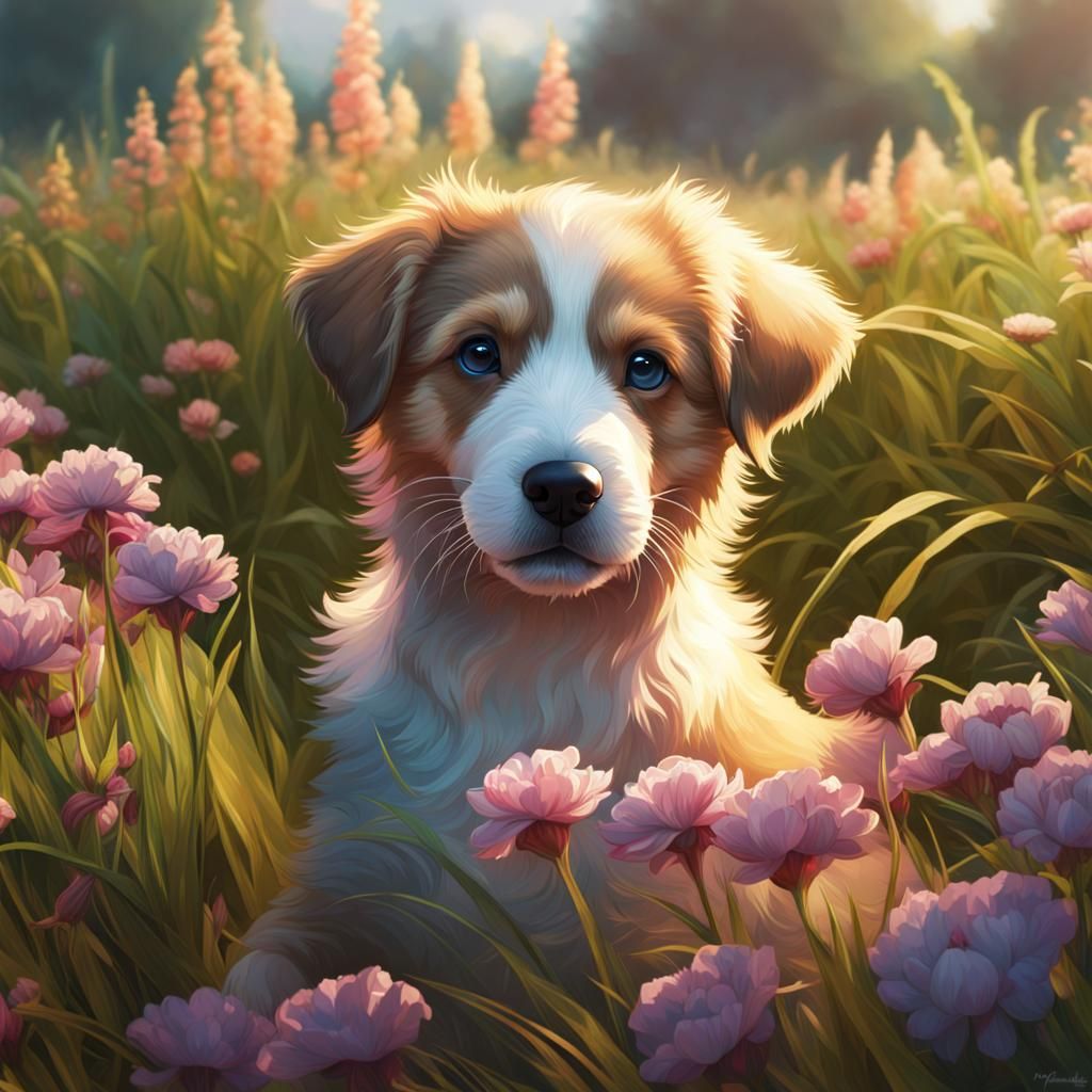 A puppy playing in the grass sorrounded by flowers