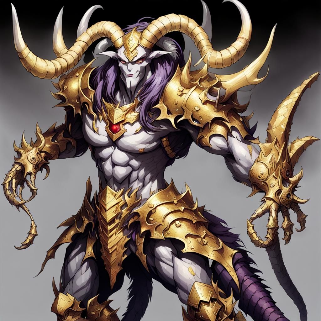 Male in golden demon armor, with clawed hands, a scaly hide,...