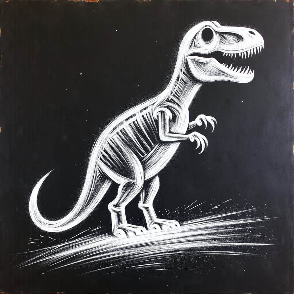 <lora:Chalkify:1.0> A dinosaur footprint in white chalk. Chalk on black paper, powder effect