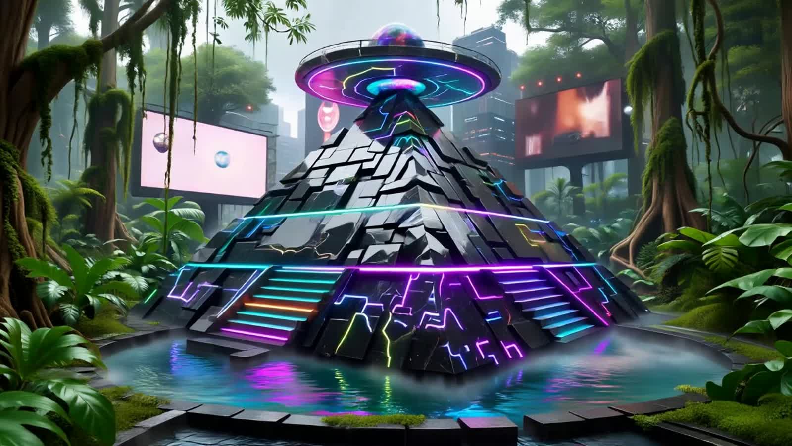 An ancient Aztec stepped pyramid temple, majestically reconstructed as a cyberpunk megastructure, rising from a dense, n...