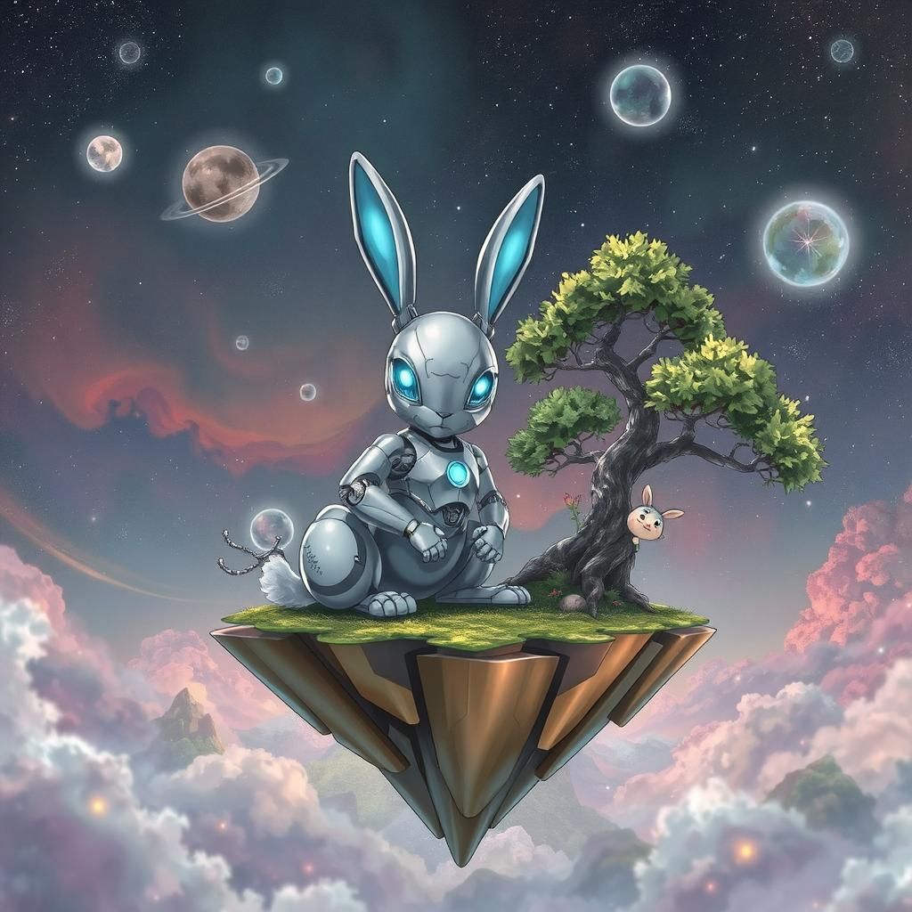 Robot animals and bonsai on floating island