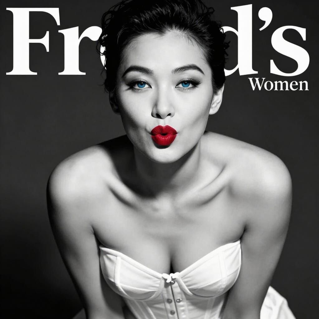 Fred's Women Magazine cover. Black and white portrait of a beautiful Chinese woman in her 30s, with sensual and attracti...