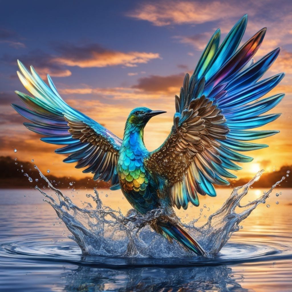 Colorful bird rising out of the water