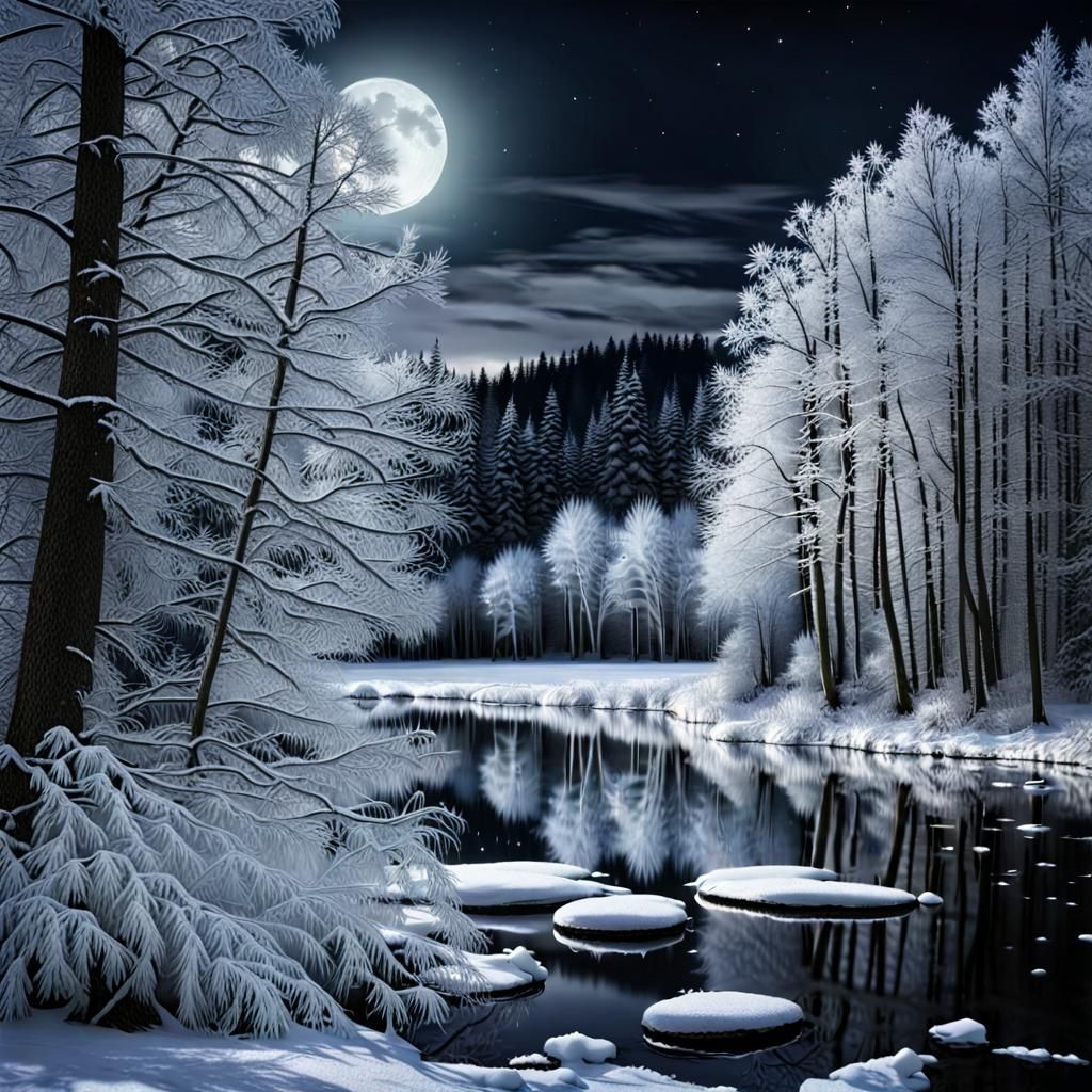 Silver moonlight frozen forest lake  by @The_Eagle