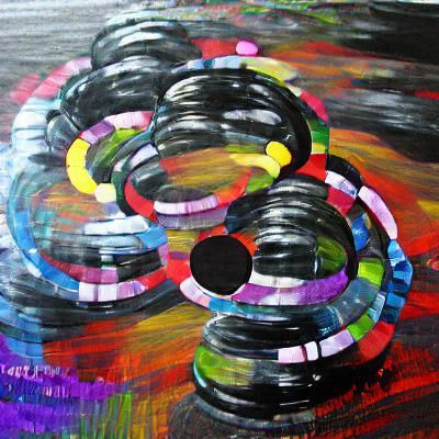 concentric circles and  chains of progressively larger black...