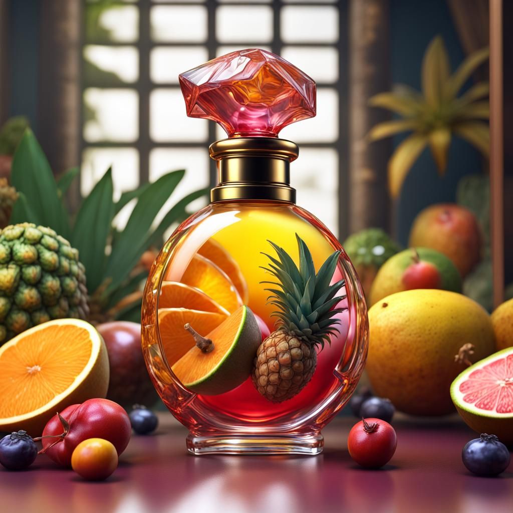 Perfume bottle and oil with all tropical exotic fruits and m...