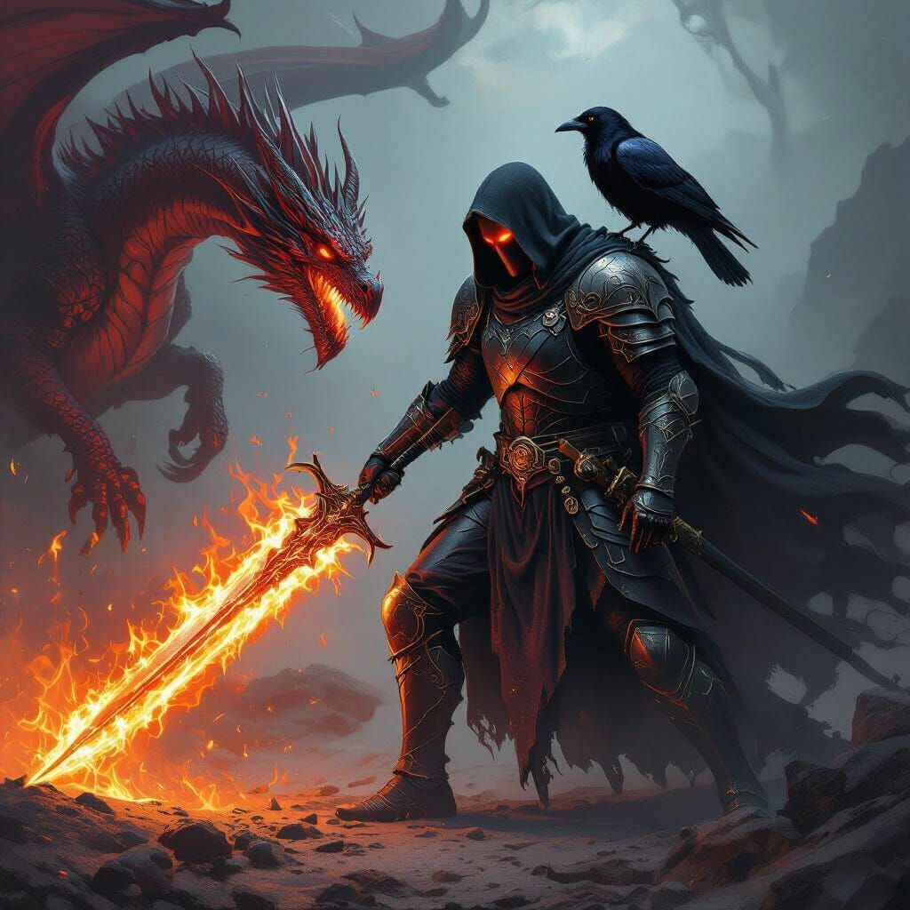 The grim reaper slaying a dragon with a sword and a crow guiding him through the dark