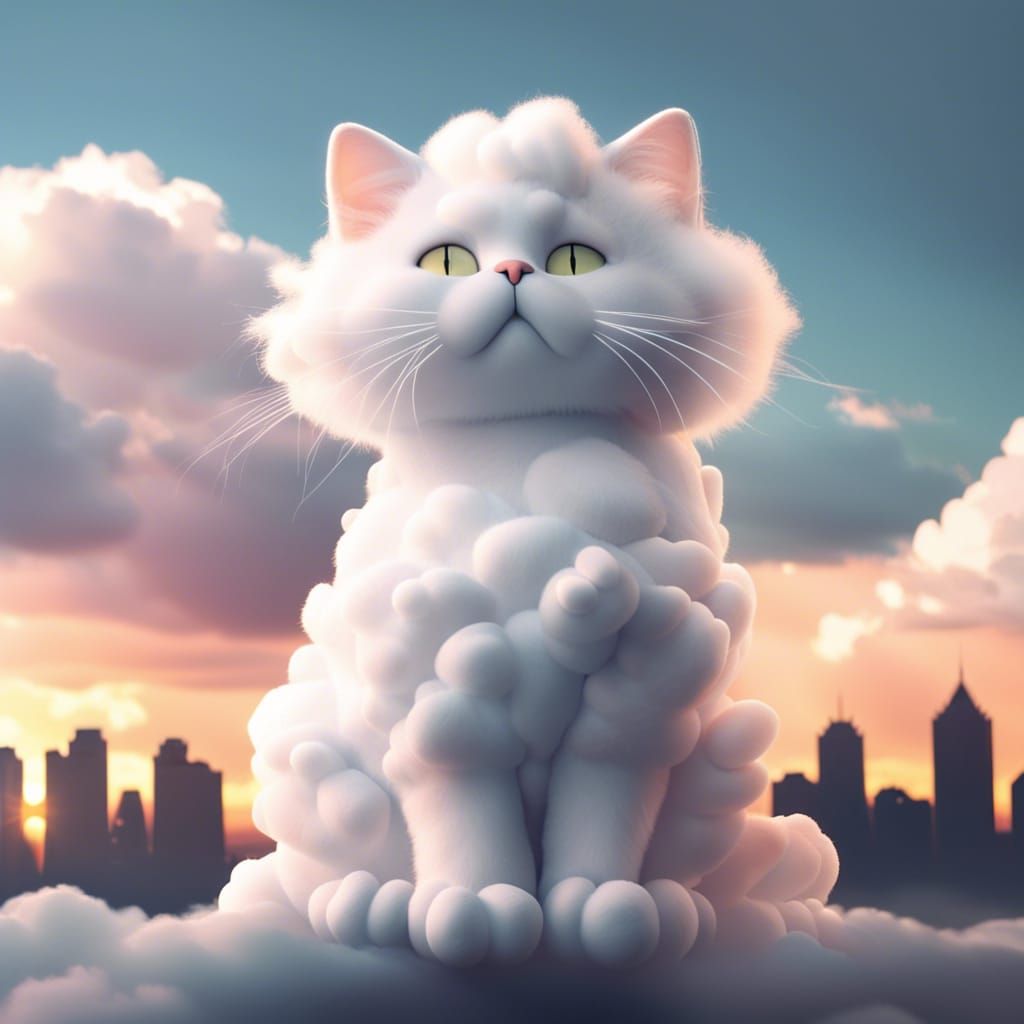  cloud cat made of white fluffy clouds, sky, skyline, sunset  by @Art_Influencer
