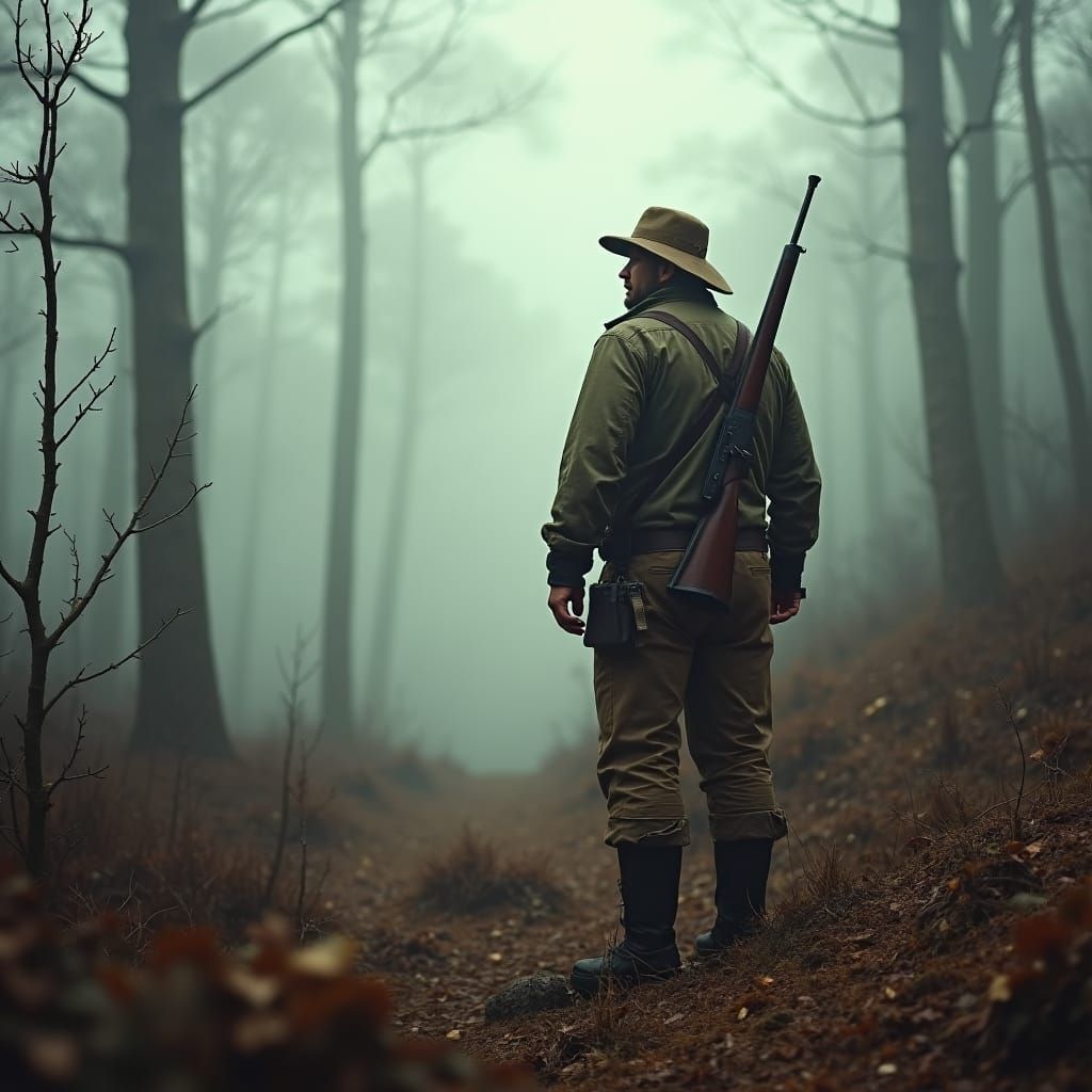 Hunter at the Edge of Mist-Shrouded Forest
