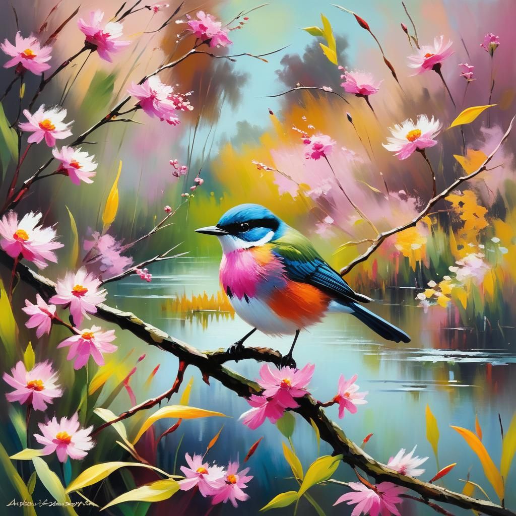 Bird in Autumn Wetlands: Expressionist Impasto Oil Painting