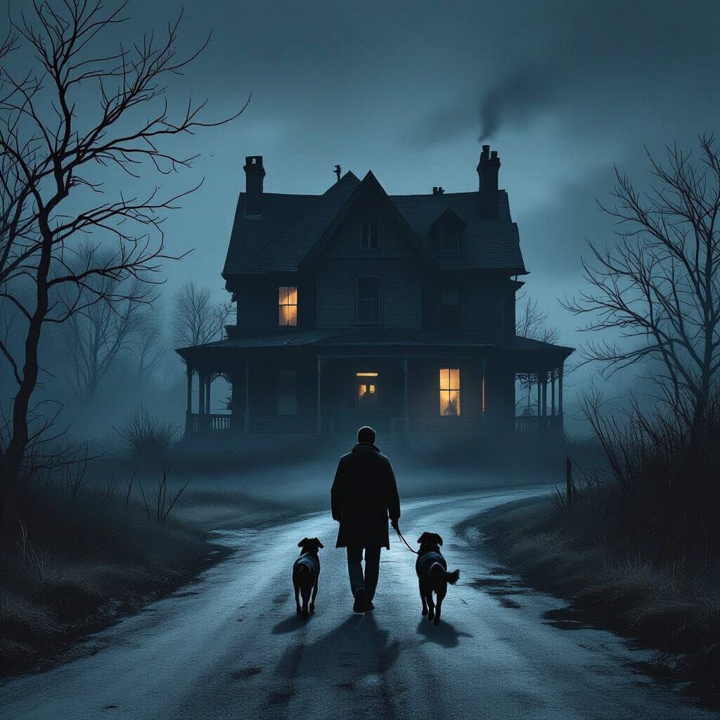 Eerie Midnight Walk Past Haunted House: Creepy Digital Art