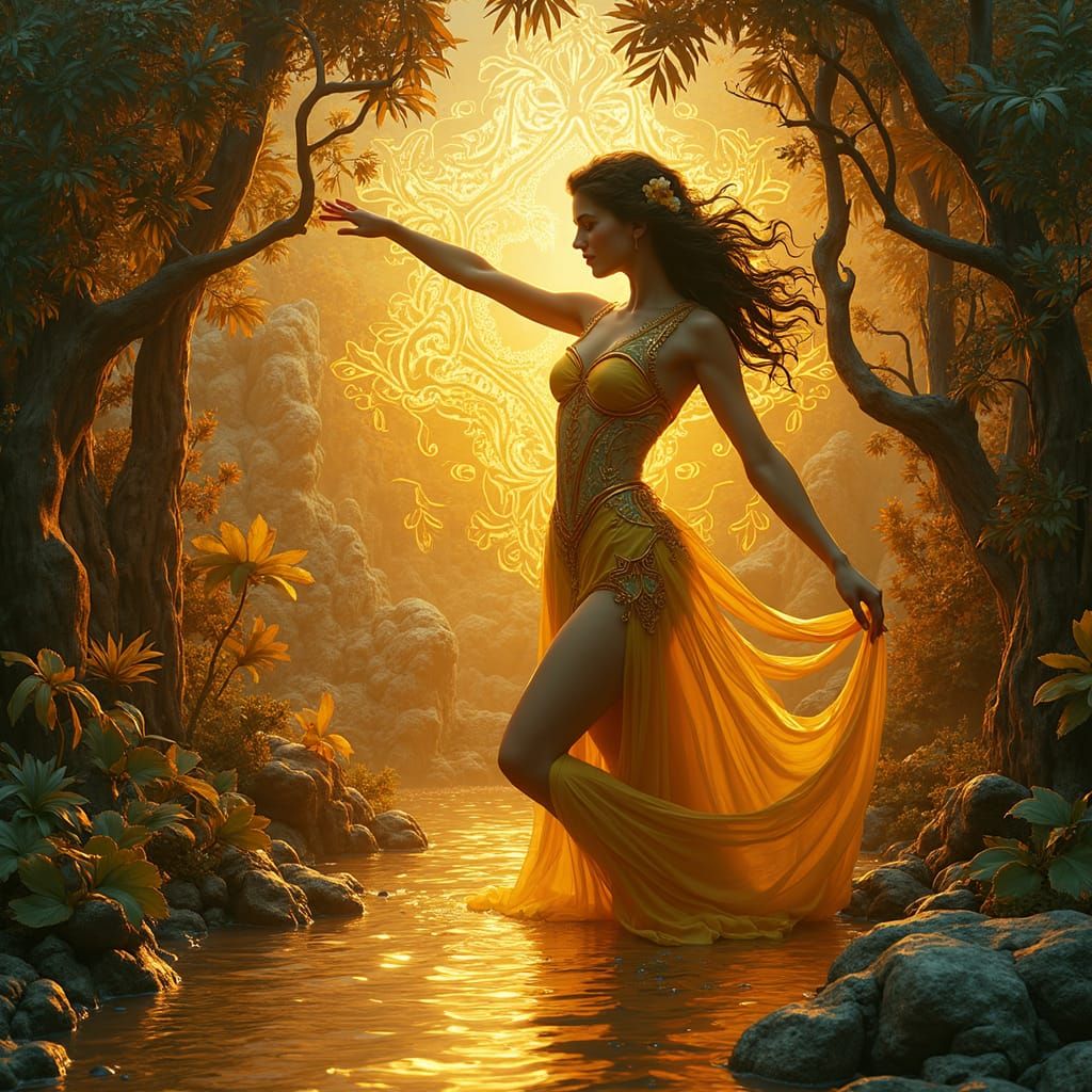 (IMAX Gustave Doré), ((Liquid Gold))3D shading art Nouveau, 4K ambient occlusion, complex acrylic art 