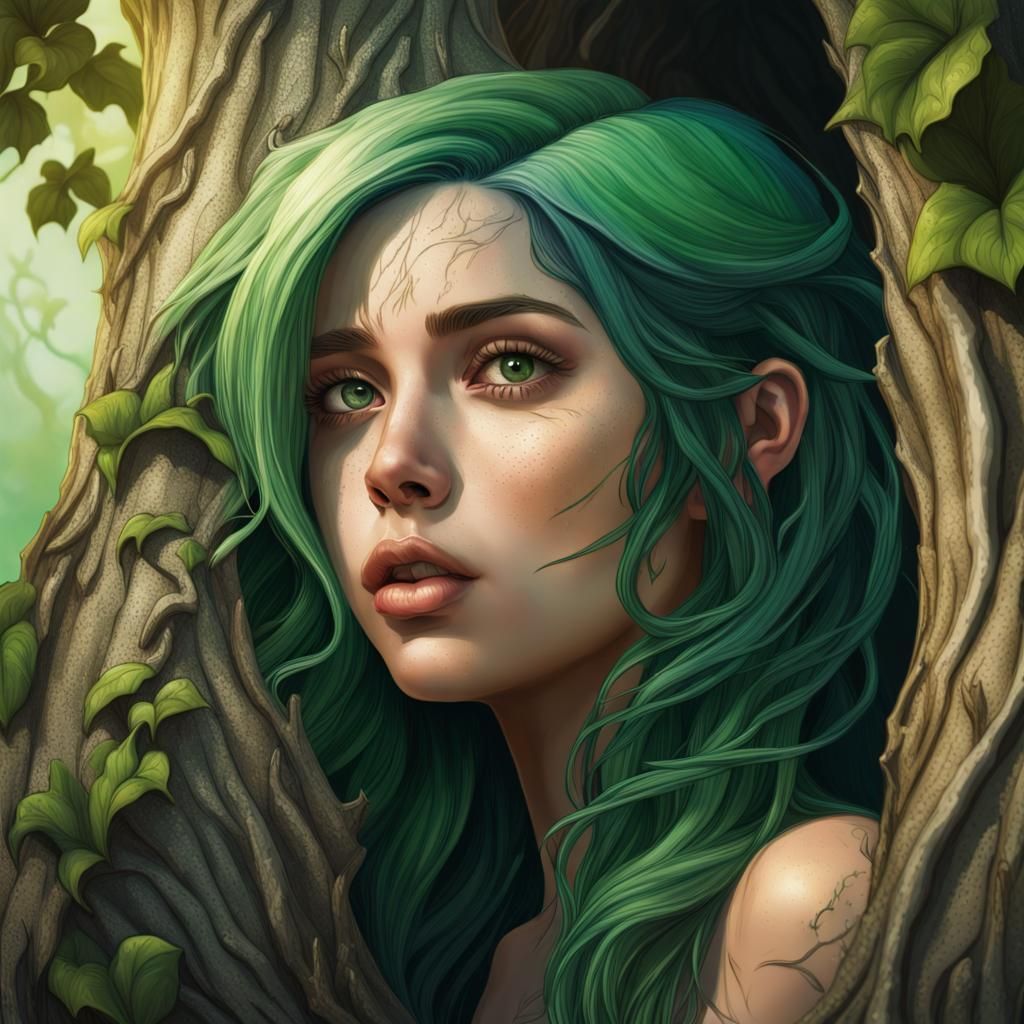 Girl, green hair, vines for skin, emerging from an opening in a giant ...