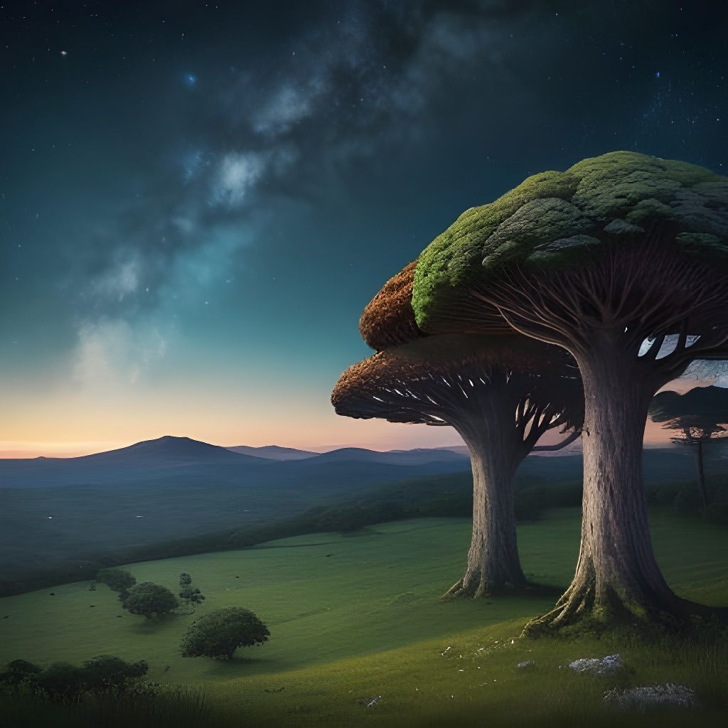 Cosmic Forest with Mushrooms in Celestial Landscape