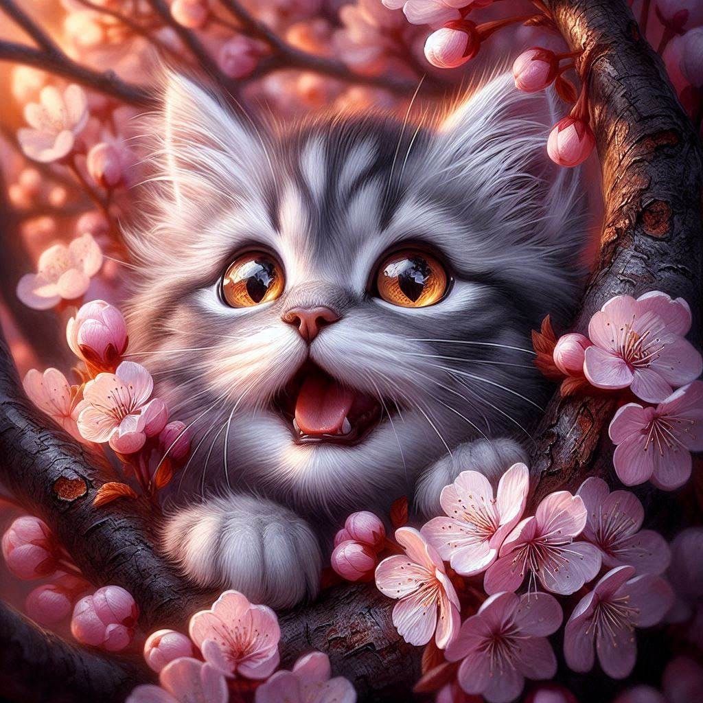Cat in Blooming Cherry Tree, a series