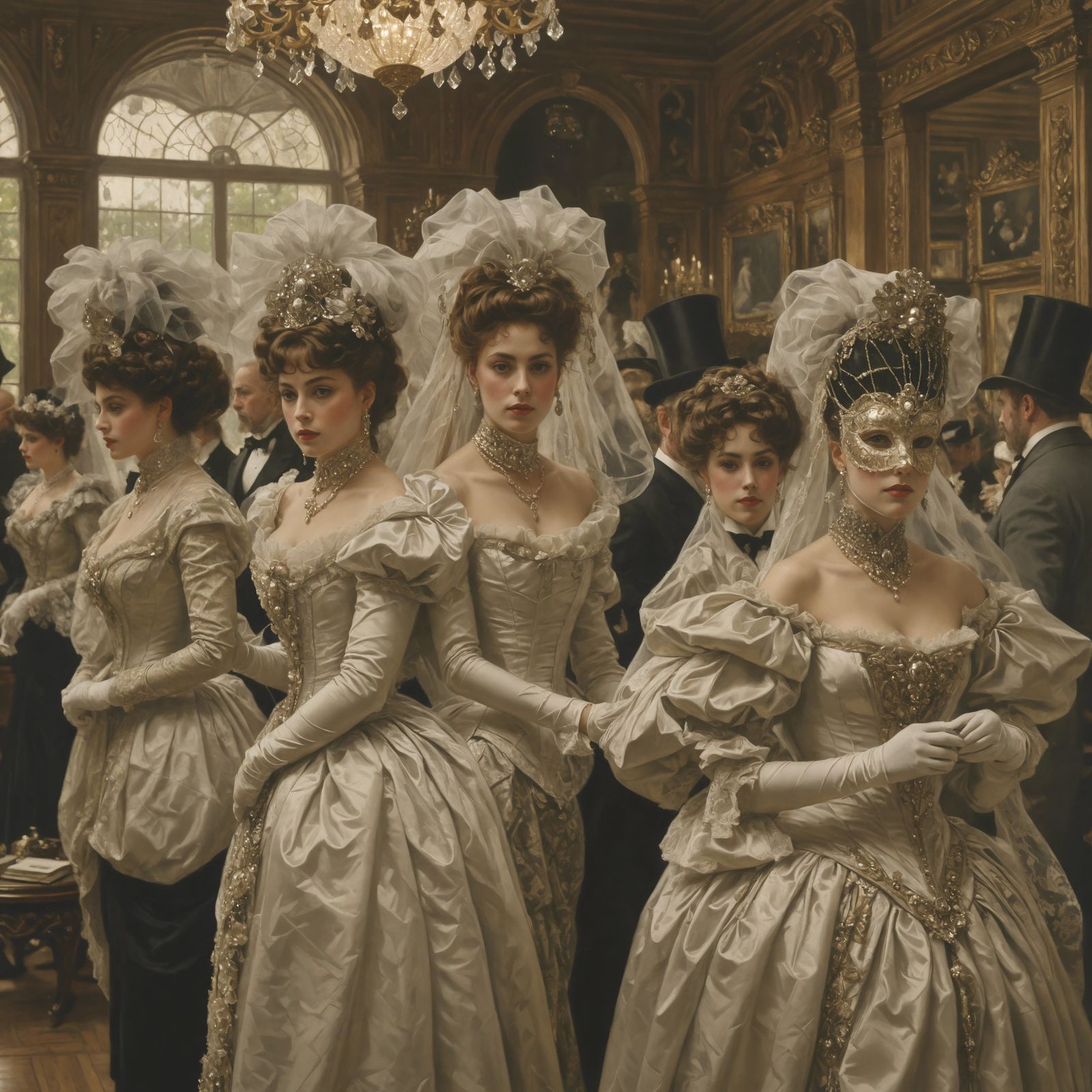 art by James Tissot, indistinct figures concealed behind veils of high society, faces hidden behind ornate Victorian mas...