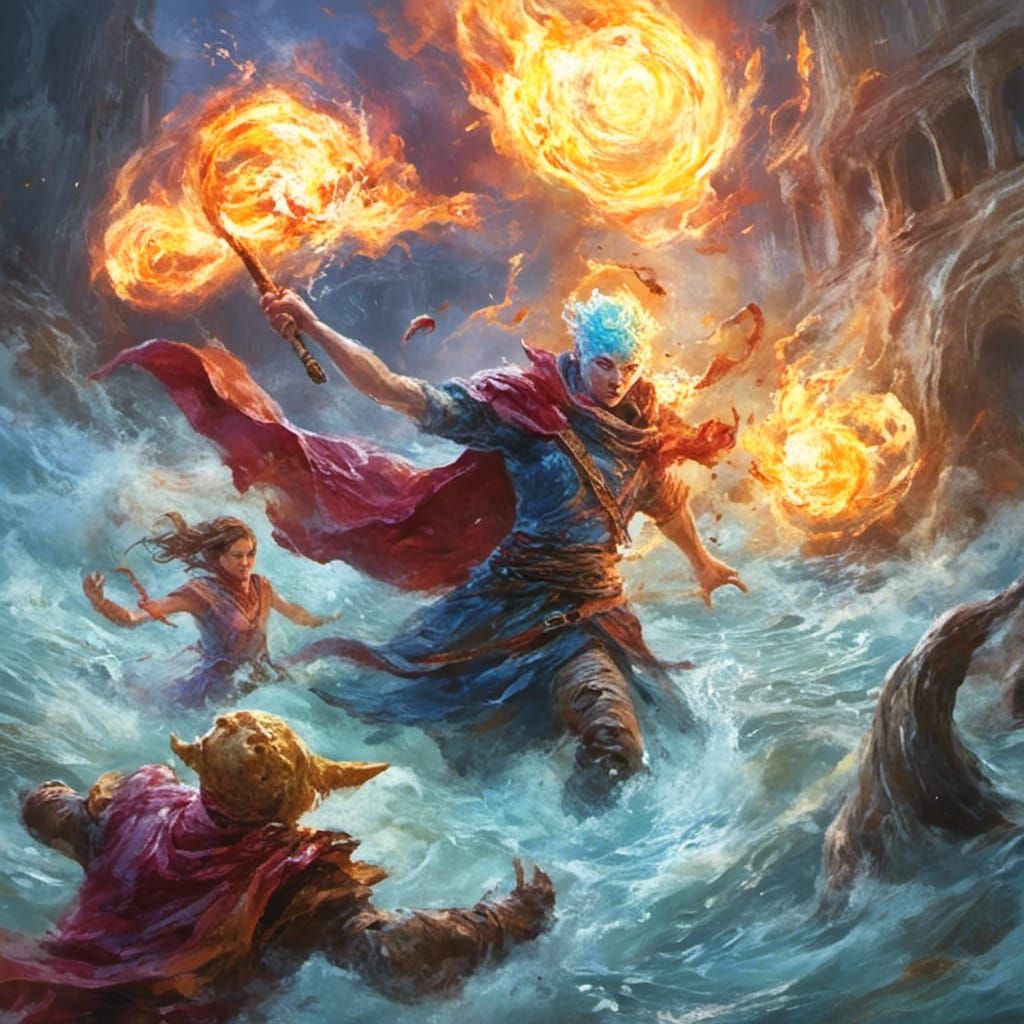 <lora:Ice Cream:1.0> An intense battle between Fire Wizard and water mage rages on in the arena, ice cream