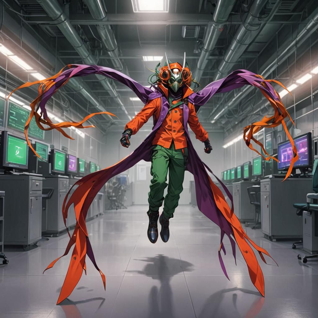 This man is in red, purple, and green with an orange trench ...