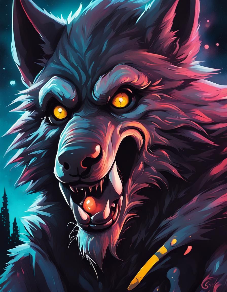 Portrait of a cute werewolf in a dark night illuminated by the soft ...