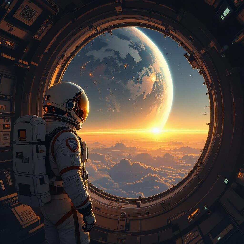 The sun was setting over the horizon of earth, as I watched from the window of the eye of God. The scene ...  by @Skyscribe