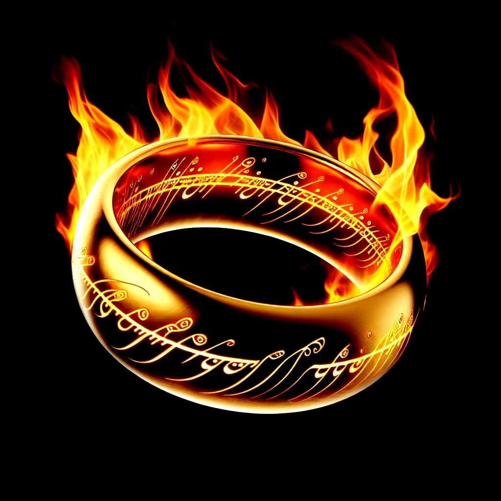 A large plain gold ring floating in flames, engraved is  text:"One ring to rule them all" on the inside of the ring around the inner edge is...
