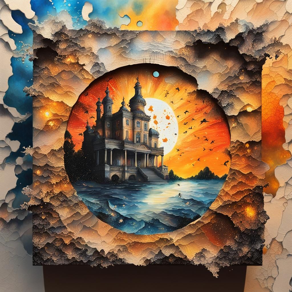 double exposure detailed sunset painting, surrealism mail ar...