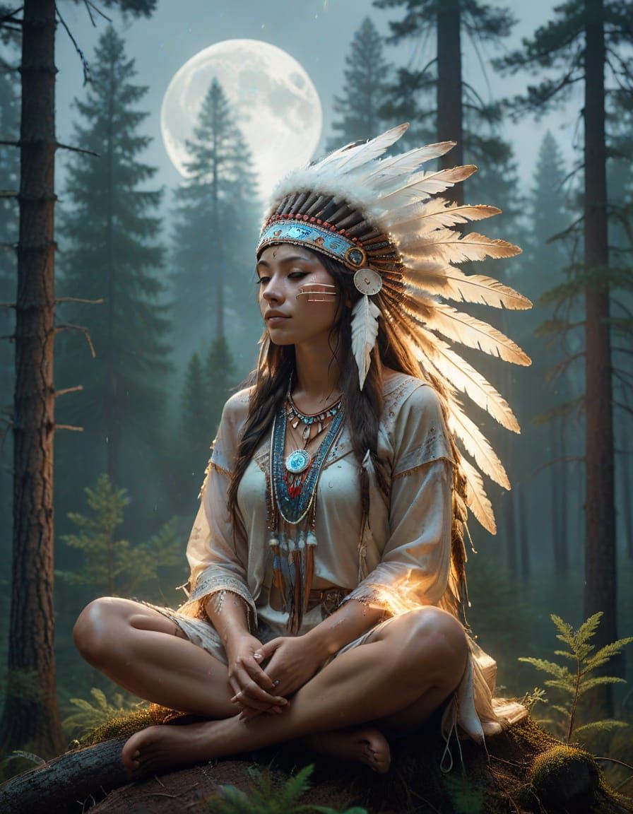 A serene meditative figure sitting cross-legged, double exposure effect blending their body with a misty forest of tall pine trees, glowing ...