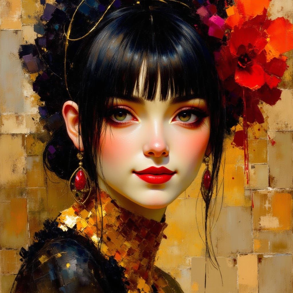 Queen Punk female smiling, black hair bangs, red lip stick, dark red gold dress, pretty face, pretty features, breathtaking beauty, realisti...