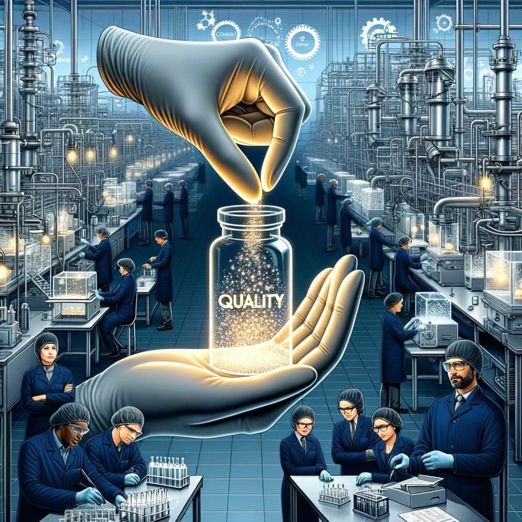Generate visual that can creatively explain my Vision 
“Quality in Every Hand, Every Step”
Generate this image in regard with chemical manuf...