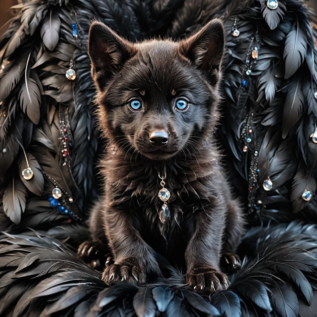 The cutest black wolf baby in the world with blue eyes, is sitting on a