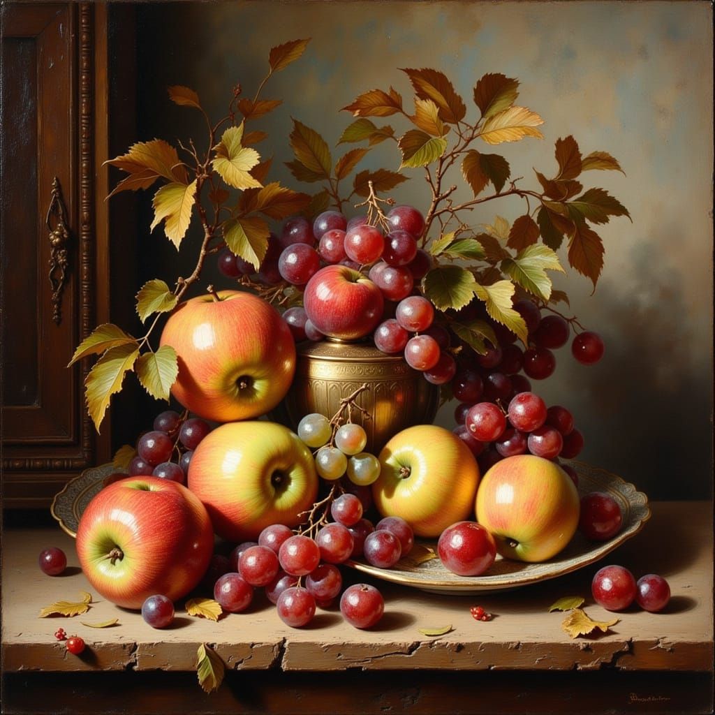 Autumn Harvest Still Life with Fruits on Rustic Table