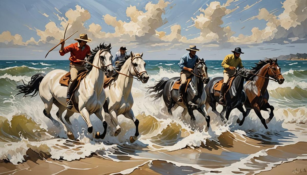 Galineers Cob galloping through the waves along the shore on a sunny ...