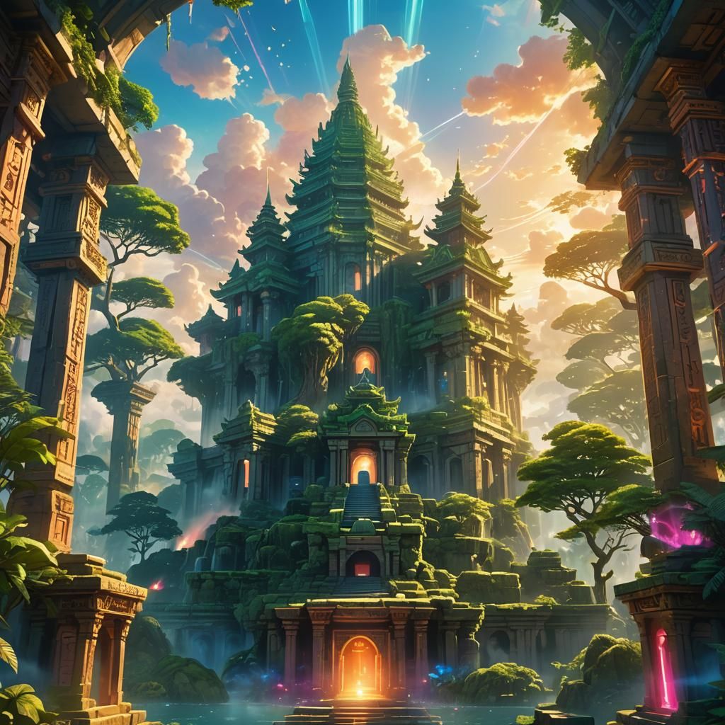 Mystical Temple in Anime Style with Floating Islands