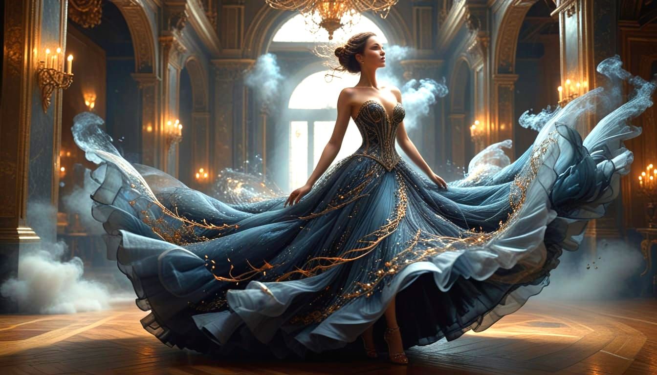 Hyperdetailed.16K Surrealism. Close-up shot. A grand ballroom scene set on an infinite palace with an awesome woman wearing an elaborate corset 