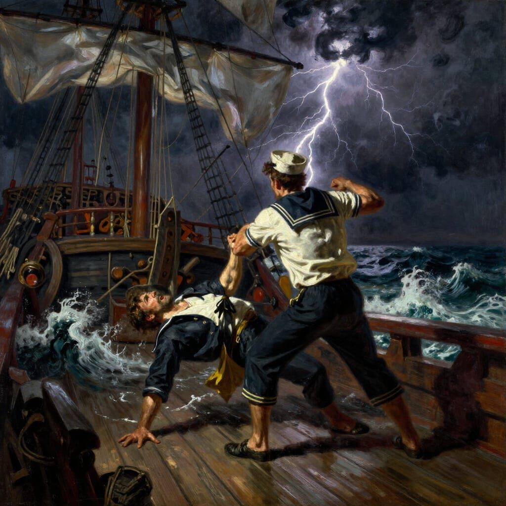 Sailor Throws Man Overboard from Pirate Ship in Storm